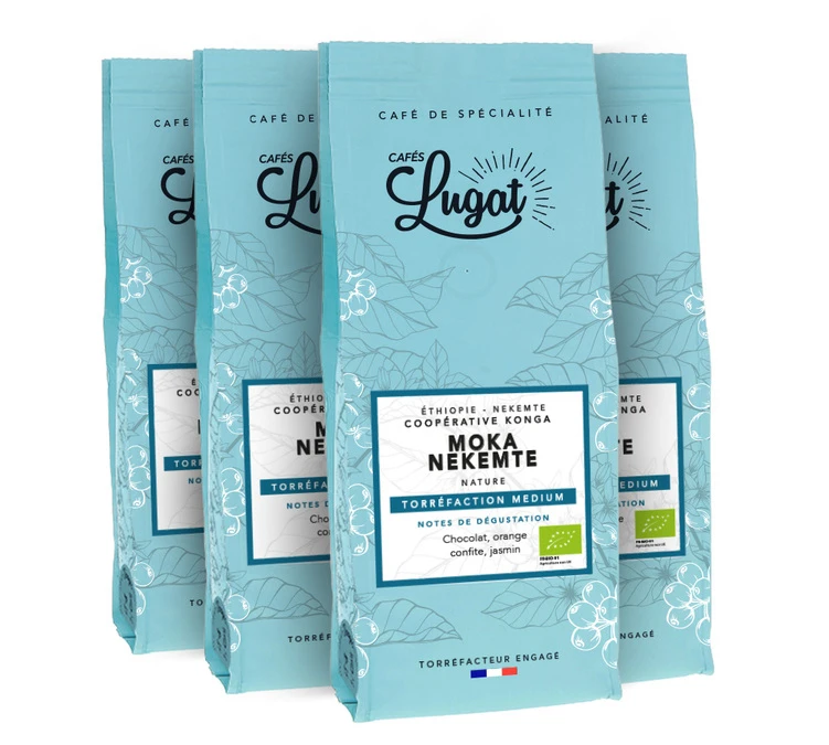 4x250g Café En Grain Bio - Ethiopie Moka Nekemte - CAFES LUGAT 3 4x250g Café En Grain Bio - Ethiopie Moka Nekemte - CAFES LUGAT